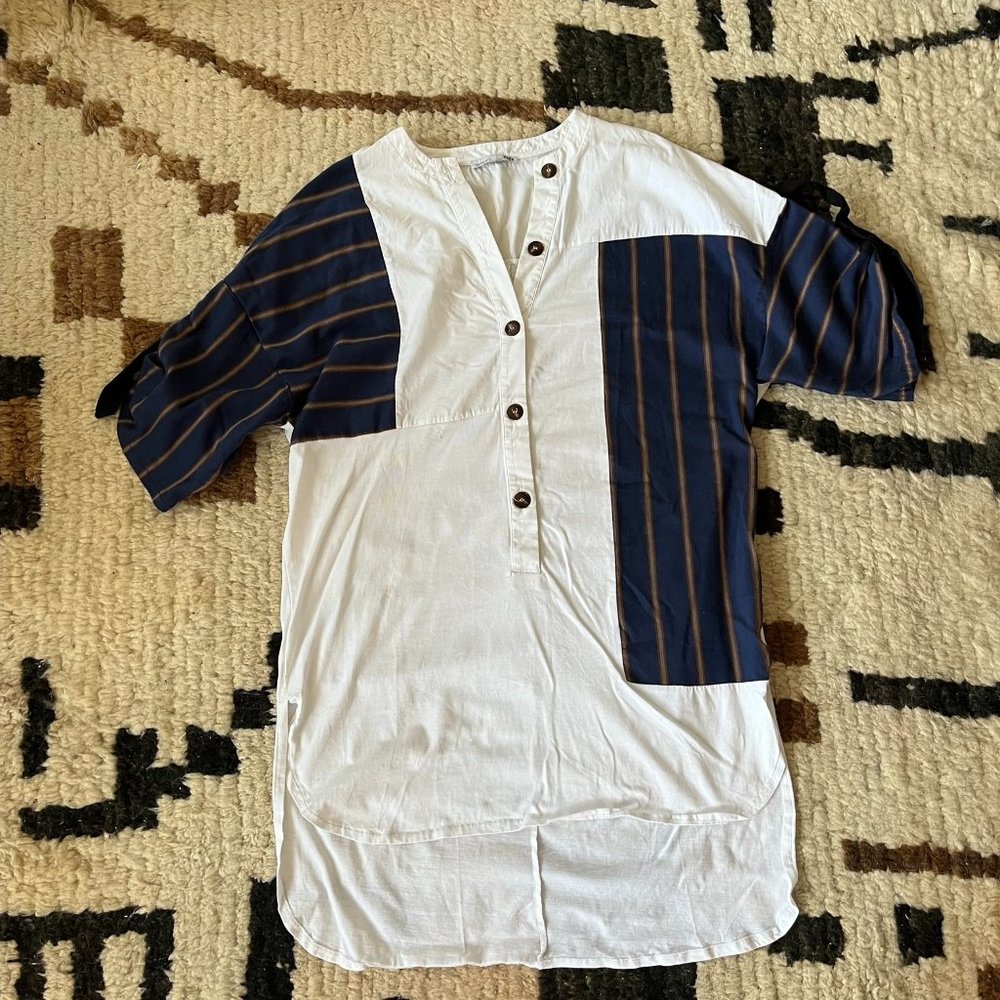 Zara Knit and Striped Woven Pieced  Patchwork Button Up Top- Size S